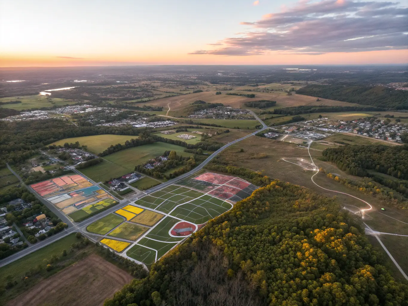 Aerial view of a well-planned development site with detailed landscaping and zoning features, showcasing optimal land use and environmental integration.
