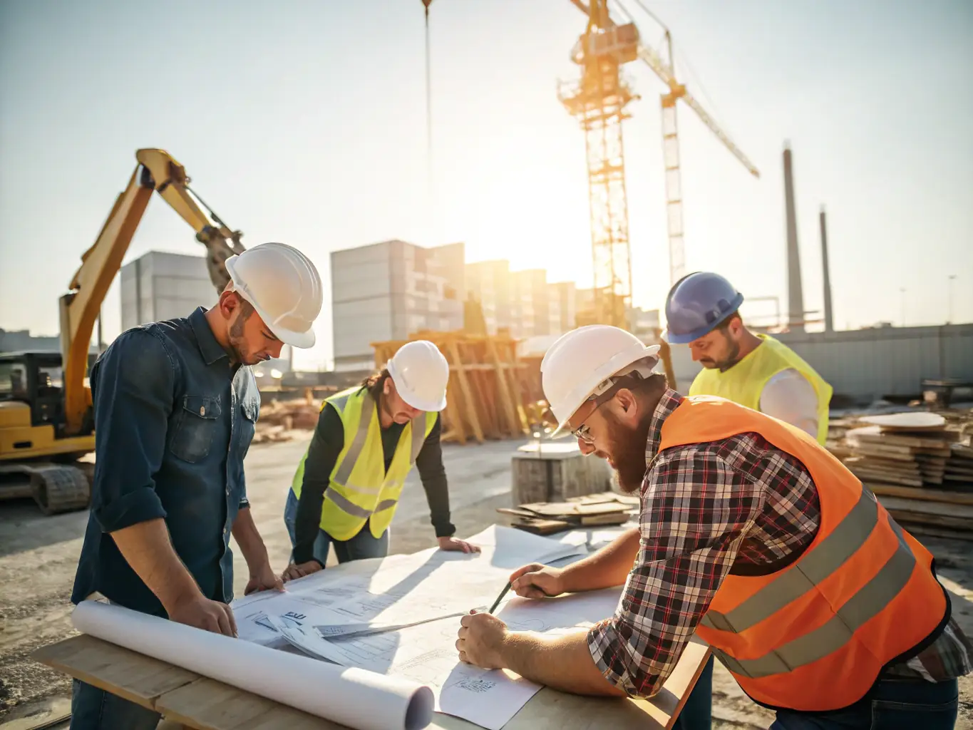 Architects on a construction site reviewing blueprints and overseeing the construction process, ensuring adherence to design specifications and quality standards, representing 22 Architects' construction administration services.