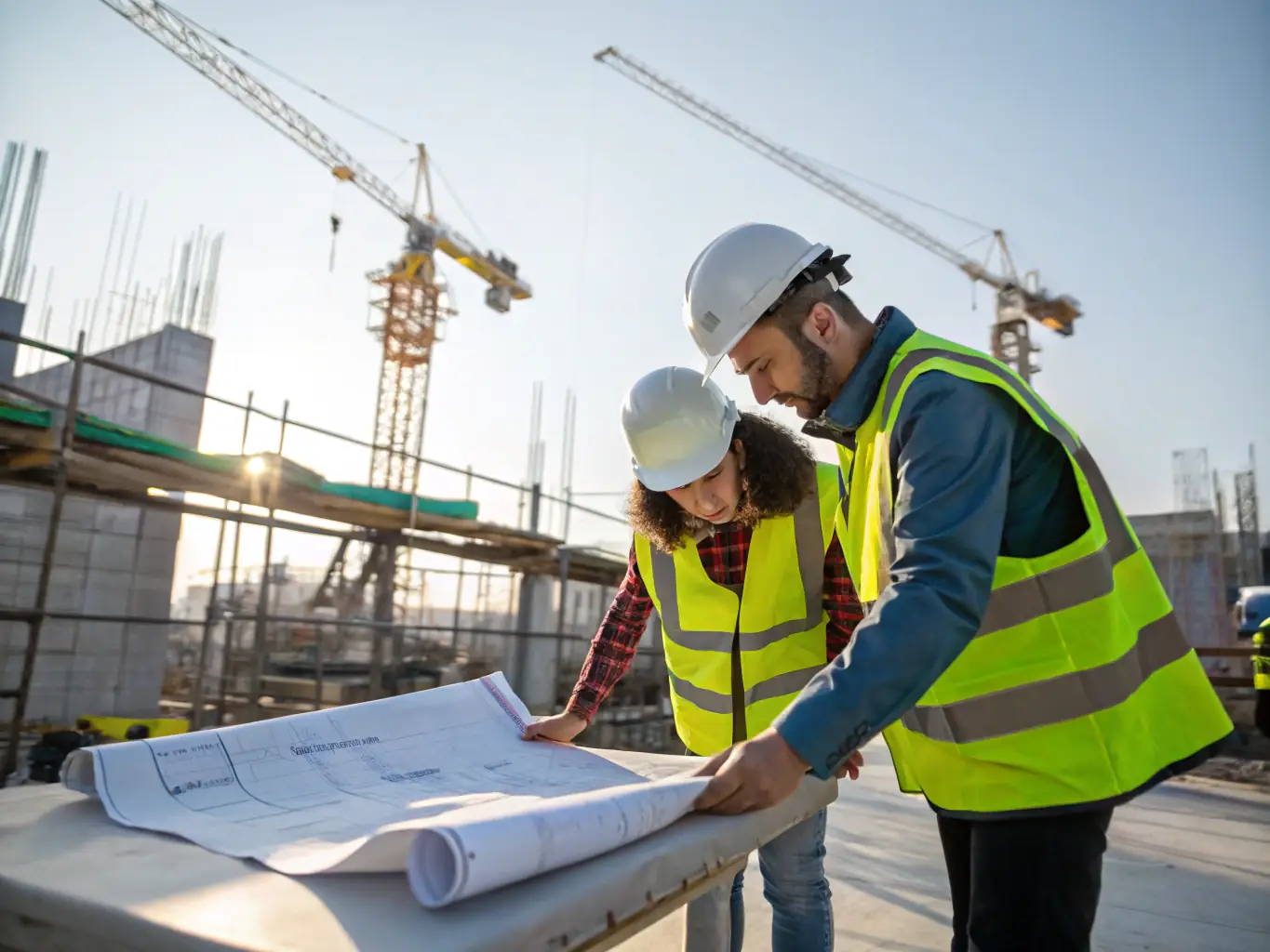 Construction site with architects inspecting progress and coordinating with contractors, ensuring quality and adherence to project specifications.