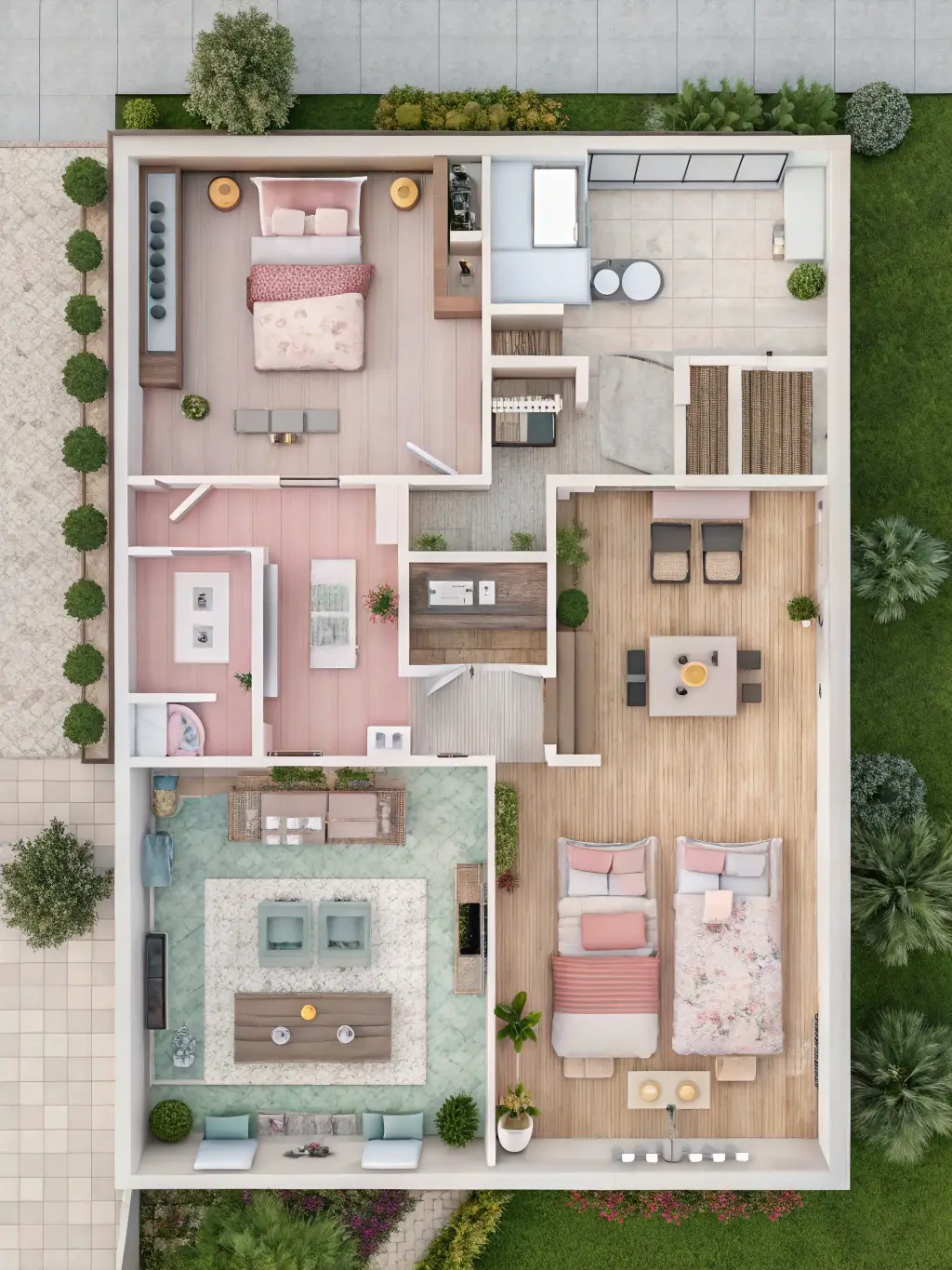 A digital rendering of a building's space plan, highlighting the efficient allocation of space for different functions, such as offices, meeting rooms, and common areas, optimized for workflow and productivity.