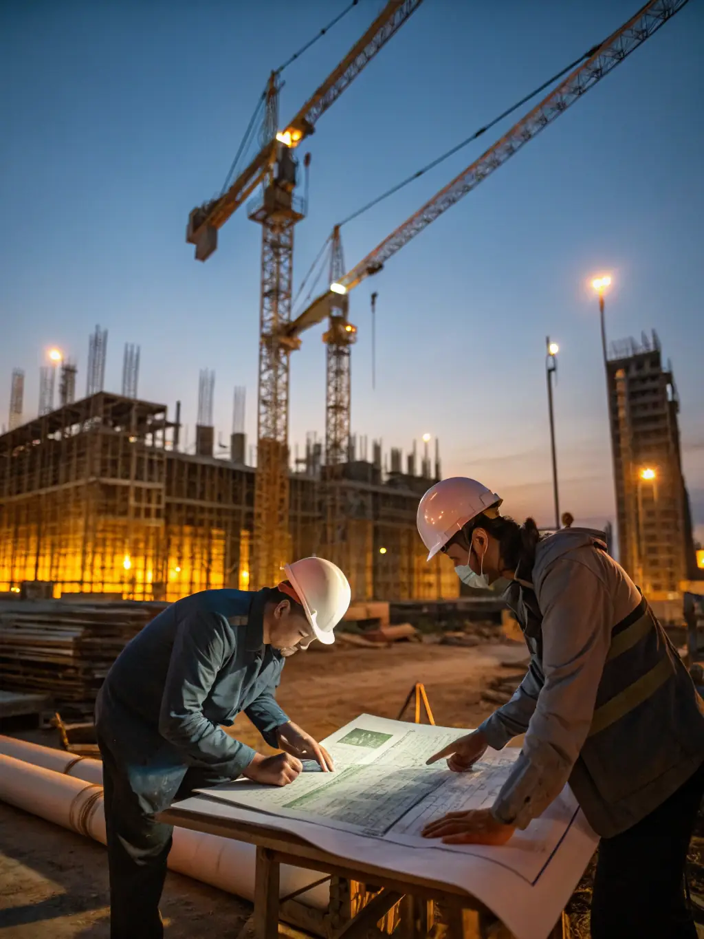 A construction site photo showing architects and construction workers collaborating on a project, with a focus on quality control and adherence to architectural plans and specifications.