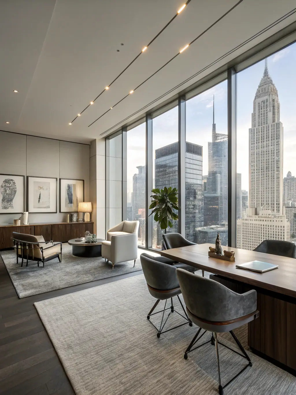 A modern interior design rendering of an open-plan office space, featuring ergonomic furniture, natural lighting, and collaborative work areas, reflecting a blend of aesthetics and functionality.