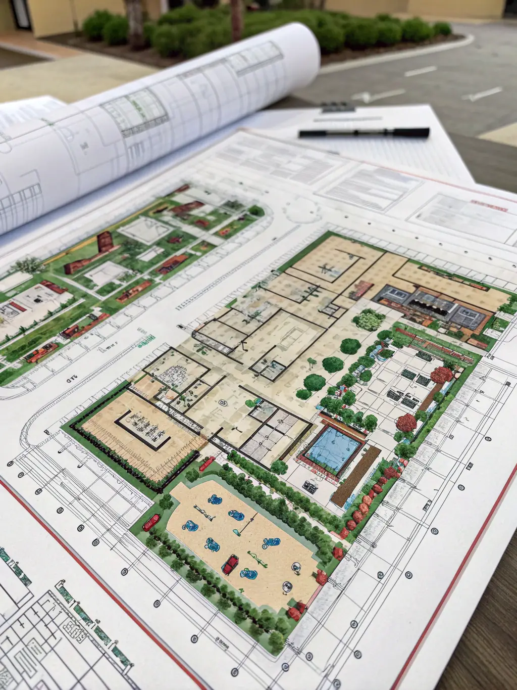 A professional architectural site plan showcasing a residential development with clearly marked property lines, building footprints, and landscaping elements, emphasizing efficient land use and aesthetic appeal.